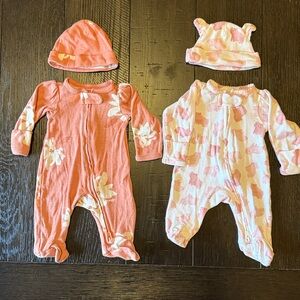 2 Carters Preemie Girl Sleep and Plays with Matching Hats Sleeper Footie